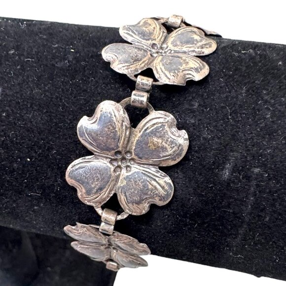 Vintage BEAU Sterling Silver 925 Dogwood Flower Floral Link Panel Bracelet 7.5" - Picture 4 of 7